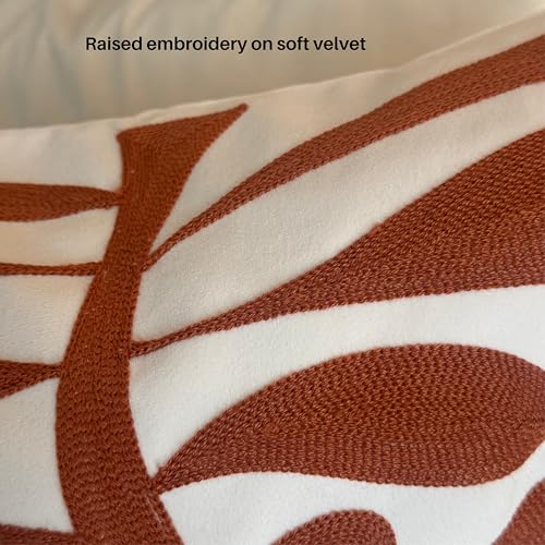 AYAY Decorative Velvet Throw Pillow Cover 18x18 Inch – Off White with Orange Rust Embroidered Abstract Design, Modern Boho Accent Cushion, Hidden Zipper, Cover Only - color: Abstract Rust and Off White