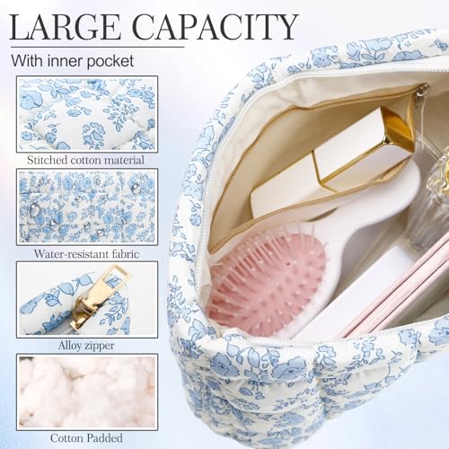Hillban Blue Floral Puffy Quilted Makeup Bag for Women Gift, Classic - color: Blue Floral, size: Classic