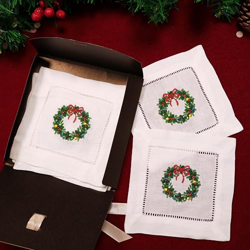 Embroidered Christmas Wreath Cocktail Napkins 6 Pack Cloth Cotton Coaster Decorative for Drink Absorbent Holiday Parties Events Ladder Hemstitch Washable Square (6"x6") - color: Wreath