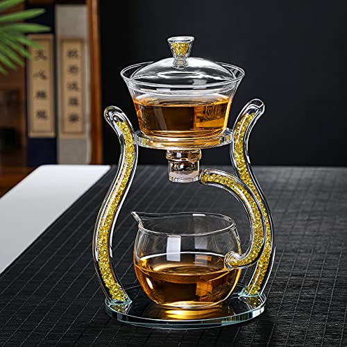 RORA Lazy Kungfu Glass Tea Set Semi Automatic Drip Rotating with Infuser Glass Teapot Set (6 cups) - color: Gold, size: teapot set
