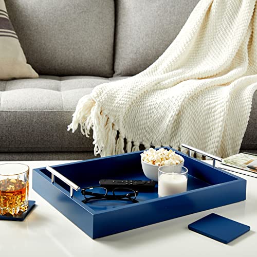 Juvale Coffee Table Tray - 15.7 x 11.8 x 3 in, Blue, Rustic Wood - Serving Tray with Interchangeable Gold & Silver Handles for Coffee Table Decor & Ottoman Use with 2 Coasters - color: Blue