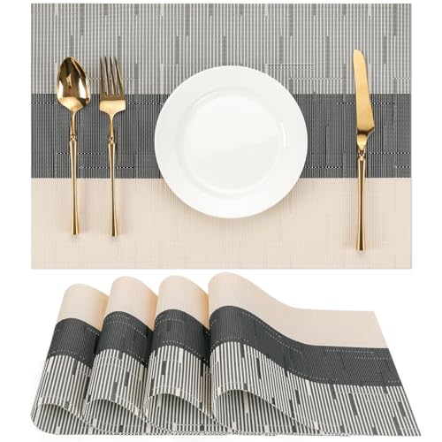 Placemats Set of 4, Vinyl Woven Heat-Resistant Place Mats - color: Beige Black, size: Set of 4