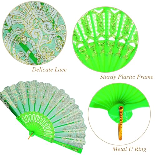 QIRMIZI 10 Pack Folding Handheld Fans,Silk Spanish Fan, Perfect for Weddings, Parties, and Dancing,Green - color: Green, size: 10 PACK