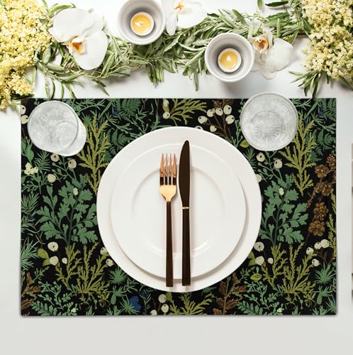Black Sage Green Leaves Placemats Set of 4 Vintage Botanical Fern Leaf Floral Place Mats Farmhouse Heat Resistant Washable Kitchen Dining Linen Table Mats for Home Party Decor 12x18 Inch - color: Black Sage Green Leaves