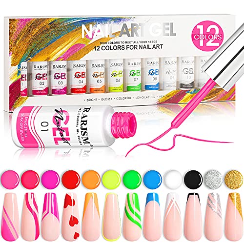 RARJSM Painted Gel Nail Polish Set, Line Art Gel 12 Colors Neon Pink Yellow Green Glitter Silver Gold Nail Art Painting Manicure Tools DIY Drawing NailGel for Line U V L E D Required - color: Pink