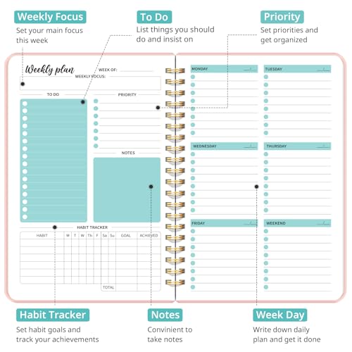 Undated Weekly Planner, Weekly To Do List Notebook with Goal & Habit Tracker Organizer, A5 Weekly Planner Notebook with Spiral Binding, 6.1" x 8.2" - Rosy - color: c.Rosy