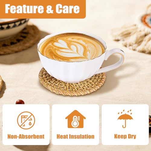 Drink Coasters Set of 6-Handwoven Rattan Coaster with Holder,Natural Rattan - style: Natural Rattan