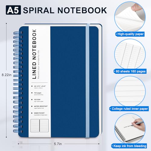 Lined Spiral Journal Notebook, A5 Hardcover Leather Notebook for Work, 5.7''×8.2'', 100GSM Thick Paper Spiral Bound Journaling Notebooks for Women & Men Office School Note Taking Business, Blue - color: Blue, size: A5