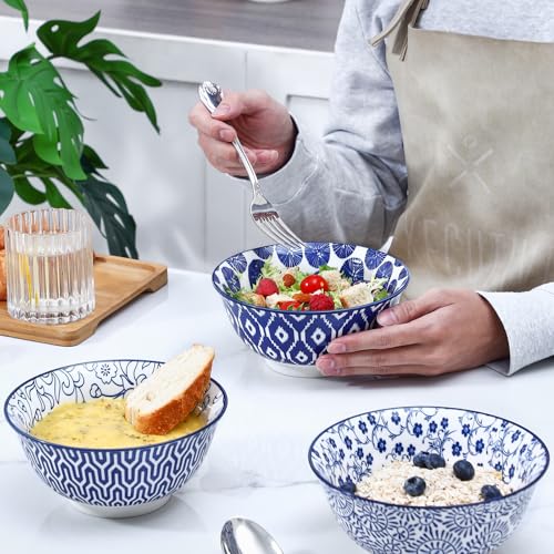 Selamica 7 inches Porcelain Cereal Bowl Set - Set of 6, Soup Bowls, Ceramic bowls for Cereal, Soup, Salad and Pasta, Vintage Blue - color: Vintage Blue, size: 7 Inches