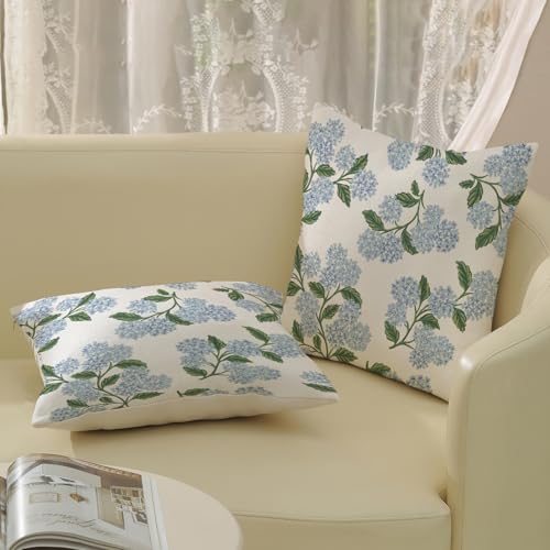 Spring Pillow Covers 18x18 Pack of 2 Green Blue Hydrangea Floral Throw Pillow Covers Outdoor Summer Seasonal Flower Decor Pillowcase Farmhouse Decorative Linen Cushion Case for Sofa Couch - color: Blue Hydrangea Floral, size: 18" x 18" (Pack of 2)