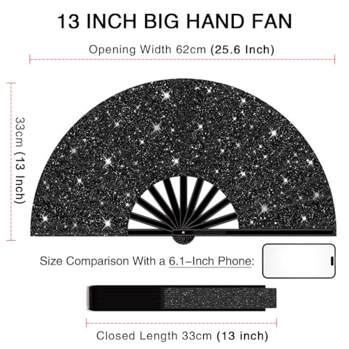 13" Large Folding Rave Fan with Holster, Clack Hand Fans Foldable for Line Dancing, Boots On The Ground Fan for Women Men Festival EDM Party Decoration, Glitter Black 2 Pack - color: Glitter Black