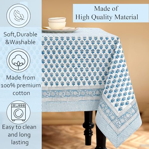 CPC Apatite Blue Floral Hand Block Printed 100% Cotton Tablecloth 60x108 Rectangular Reusable and Washable Boho Dining Table Cloth Thanksgiving - color: Apatite Blue, size: 108" x 60" (Rectangular)