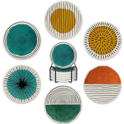 6 Pcs Coasters for Drinks with Holder,Abstract Art Minimalist Absorbent Coaster with Cork Backing,Great Gift for Housewarming,Room Decor,Bar,Holiday Party - color: Abstract Art Minimalist