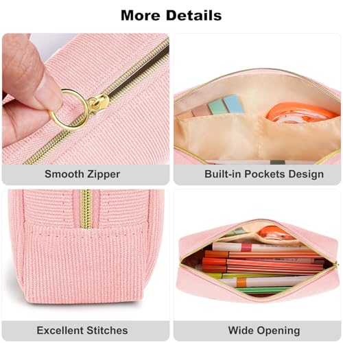 FINPAC Pencil Case, Corduroy Aesthetic Makeup Bag - color: Pink