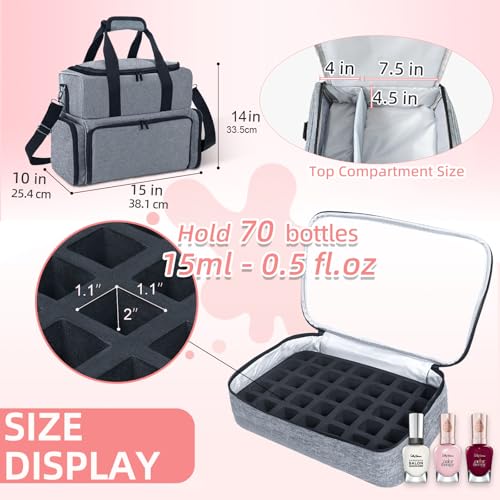 ALSLEA Nail Polish Organizer 3 Layers Holds 70 Bottles (15ml - 0.5 fl.oz) Portable Gel Nail Kit Organizer Case for Nail Lamp Travel Nail Supplies Bag with 2 Removable Nail Polish Holder Pouches (Gray) - color: Gray, size: 70 slots