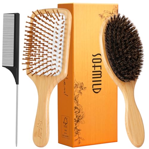 Sofmild Hair Brush Set with Bamboo Detangling Brush and Boar Bristle Brush - color: Black White