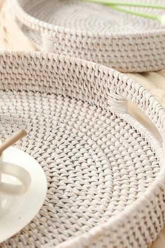 HITOMEN 14.2" Hand-Woven Round Rattan Serving Tray Decorative Ottoman Wicker Platter with Handles for Coffee Table, Breakfast, Drinks, Snack, Bread, Fruit, Vegetables (Whitewash-L) - color: Whitewash, size: Large (14.2 inches)