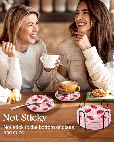 Absorbent Cup Coasters Set of 6 with Holder, Strawberry Flower - color: Strawberry Flower