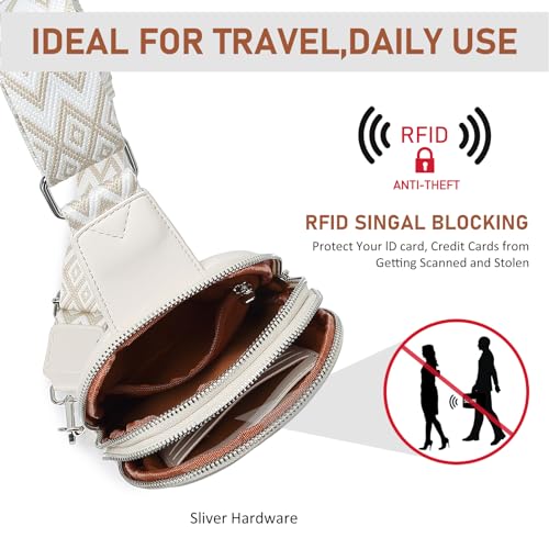 DIOMO Anti Theft Small Sling Bag for Women Cross Body Bag Trendy, RFID Fanny Packs Vegan Leather for Women Travel Belt Purse - color: 1-Beige Silver Zipper