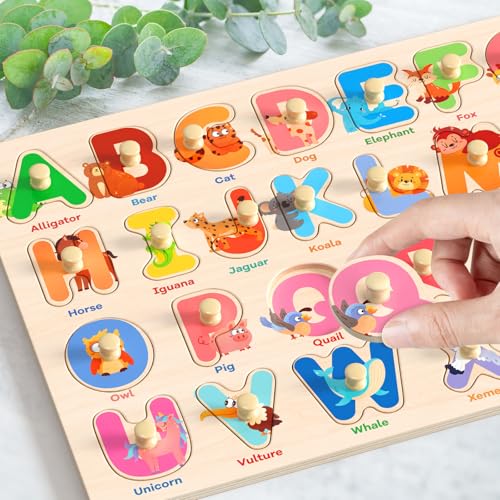 Zeoddler Wooden Montessori Puzzles for Toddlers, 3 Pack ABC, Number and Shape Puzzle for Kids, Preschool Learning Activities, Gift for Girls Boys