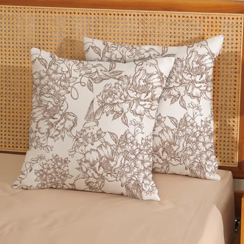 Chinoiserie Floral Pillow Covers 18x18 Pack of 2 Vintage Brown Flower Birds Throw Pillow Cover Outdoor Decor Spring Summer Floral Pillowcase Farmhouse Decorative Cushion Case for Home Couch - color: Brown-floral Bird 1, size: 18" x 18" (Pack of 2)