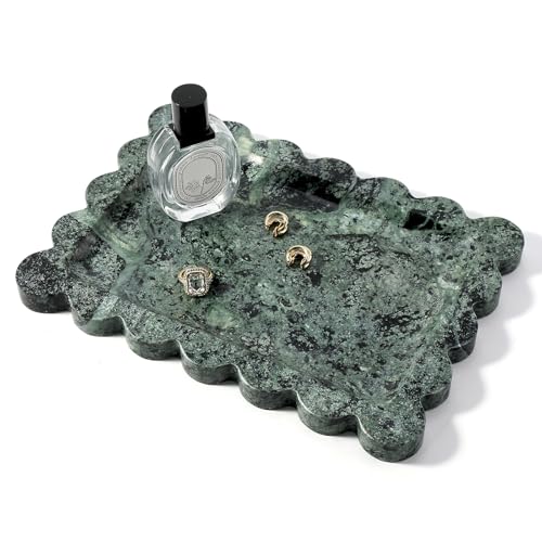 Koville Scalloped Marble Tray, 11"x8" Marble Vanity Tray for Countertop Bathroom Kitchen Dresser, Natural Stone Tray for Jewelry Perfume Home Decor, Decorative Catchall Trays(Green) - color: Green, size: 11" x 7.9" x 0.7"