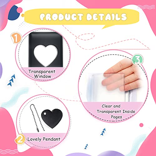 3 Inch Kpop Photocard Holder Book, Mini Photo Kpop Album Kpop Photocard Binder, Love Heart Hollow Kpop Photocard Binder Collector Book 32 Pockets Portable Photo Card Holder with Love Heart Pendant - color: Black