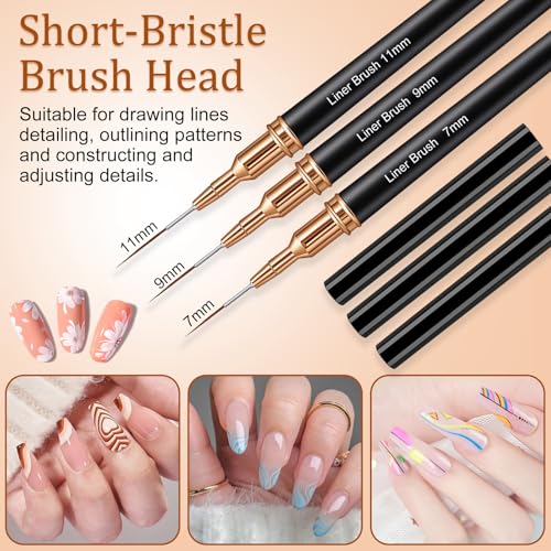 7PCS Metallic Nail Art Brushes Set, 7/9/11/15/25mm Liner Brush For Nails Gel, Super Fine Painting Art Design Pen for Long-Line Patterns, Detailed Outlines, Geometric Shapes (Black)