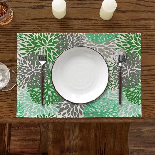 Ansouyi Placemats Set of 6, Green and Gray Dahlia Flower Washable Heat Resistant Linen Table Mats, Kitchen Decor Non-Slip Place Mats for Party Dining, 12x18 Inch - color: Green and Gray
