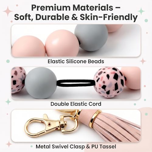 BIHRTC Key Ring Bracelet Car Keychain Holder Wristlet Silicone Women Beaded Bangle Chains - color: Light Pink
