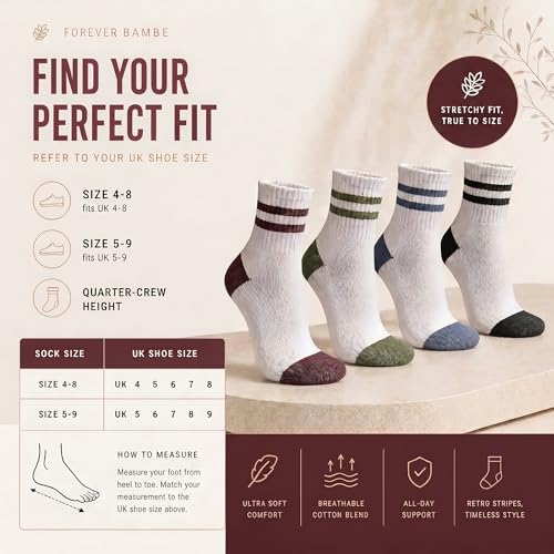 Forever Bambe Mini Crew Socks for Women 4-Pack Cushioned Bottom Retro Striped Socks - Athletic Women's Short Calf Sock - color: 1 - Pastels