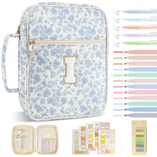 Personalized Initial Bible Cover Case for Women Girls Kid - Large Quilted Bible Case with Handle,Chenille Letter Bag Study Supplies,Christmas Gifts for Christians Birthday Graduation(Blue Flower-I) - color: Blue Flower, size: letter-I