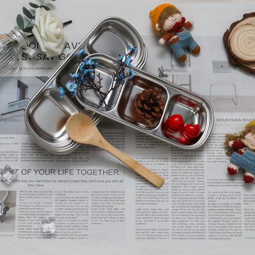 6Pcs 8 Inch Divided Dip Bowls (Silver, Triple Dipping Bowl) - color: Silver