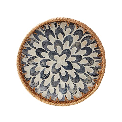 Round Rattan Tray with Mother of Pearl Inlay, Rattan Serving Tray with Wooden Base, Decorative Wicker Basket for Table Decor, Storage and Display of Coffee Bread Food Fruit (Plume) - color: Plume, size: 11.8"