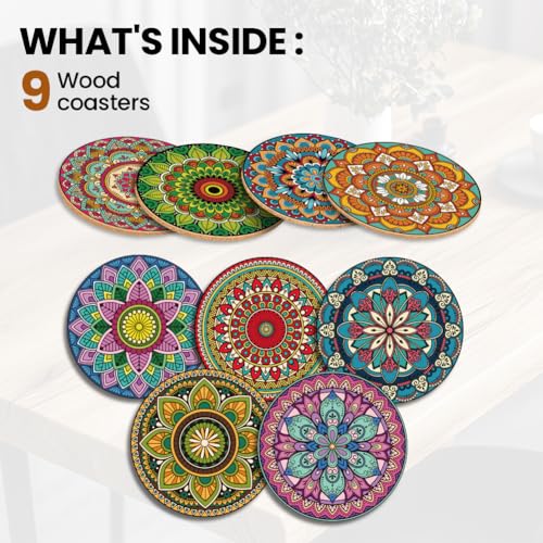 ANATTASOUL Mandala Wooden Coasters Set of 9 Bulk(3.9") - style: Mandala