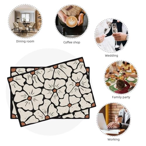 Boho Floral Placemats, Vintage Linen Place Mat Set of 4, Washable Non-Slip Heat-Resistant Farmhouse Abstract Table Mats, Wildflower Spring Summer Dining Mat for Party Kitchen Dining Decoration - color: Black Flower
