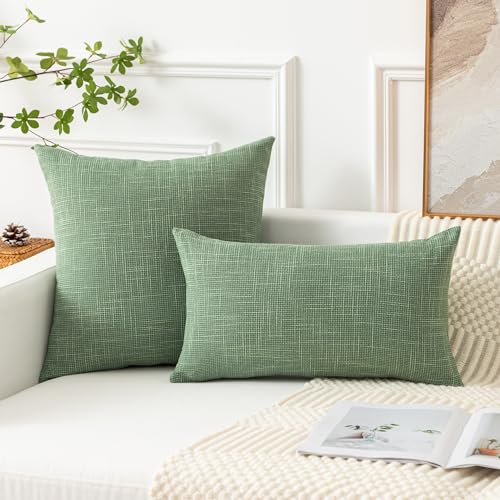 Kevin Textile Set of 2 Sage Green Pillow Covers 20 x 20 Inch Spring Farmhouse Boho Decorative Throw Pillow Covers Linen Cushion Covers for Sofa Couch Décor - color: Sage Green, size: 20" x 20" (Pack of 2)