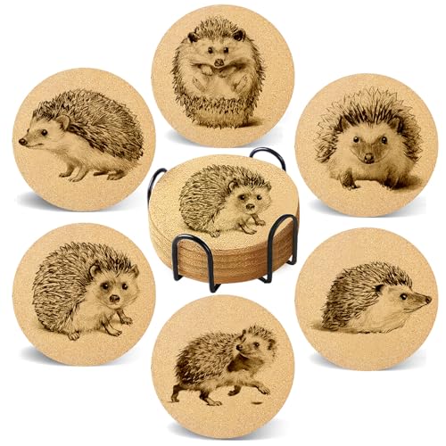 Hand Drawn Hedgehog Coasters with Holder Set of 6, Illustration Cork Coaster Absorbent for Office Desk Table Coasters Kitchen Decor House Warming Gifts for New Home Couples, Round 4" - color: Hedgehog