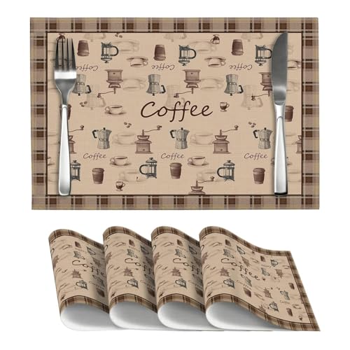 Coffee Placemats Set of 4, Brown Coffee Theme Decoration Table Mats, Washable Heat-Resistant Linen Place Mat for Kitchen Dining Party Outdoor Home Decor 12x18 Inch - color: Brown Coffee