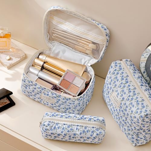 HBselect Quilted Makeup Bag, 3Pcs Cotton Large Travel Makeup Bags Organizer - color: A-3PCS-Floral 24