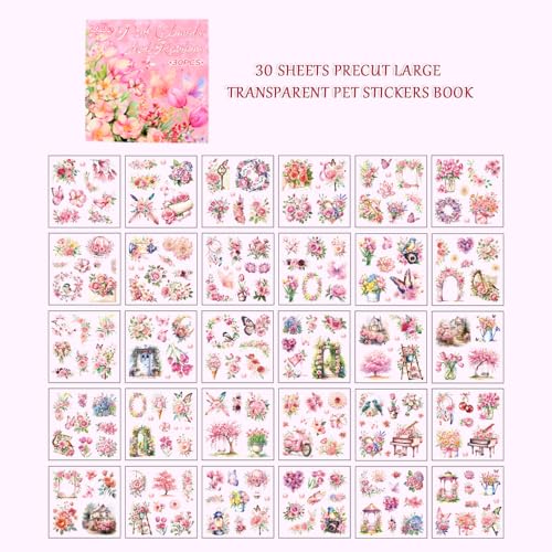 30 Sheets Precut Pink Garden Landscape Stickers Book for Junk Journal Supplies, Transparent PET Stickers for Journaling, Scrapbooking, Bujo, Collage, Card Making - color: Romantic Pink