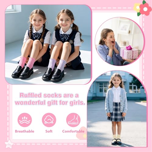 8 Pairs Girls Ruffle Crew Socks, Cute Frilly Soft Cotton Socks - color: Multicolor, size: 6-8 Years