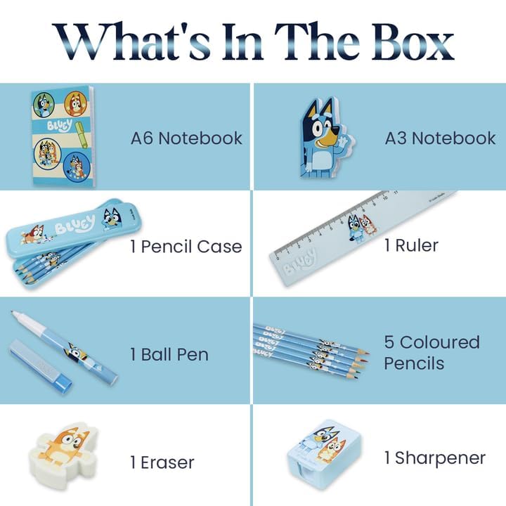 Bluey Stationery Set for Kids with Notebooks and Pencil Case Tin with Colouring Pencils Ballpoint Pen Preschool School Supplies Gifts for Kids