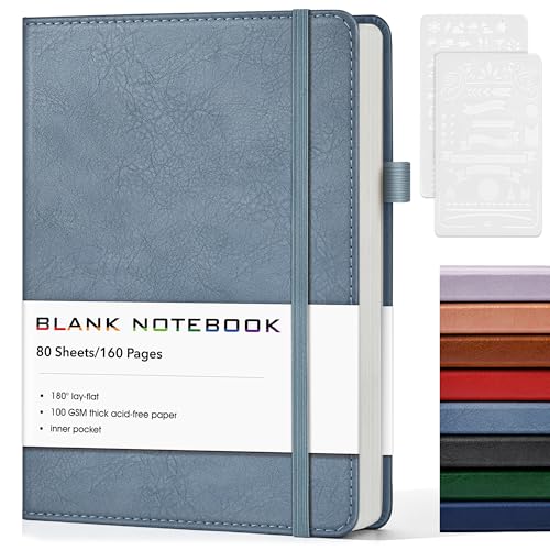 Journal Notebook, A5 Leather Hardcover Blank Sketchbook, 160 Pages, 180° Lay-Flat Binding, 100 GSM Thick Paper, for Sketching, Drawing, Art Journaling & Creative Writing (DustyBlue) - color: Dusty Blue, size: Plain