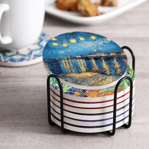 4inch Round Art Painting Style Marble Coaster with Storage Rack 8pcs - color: Van Gogh
