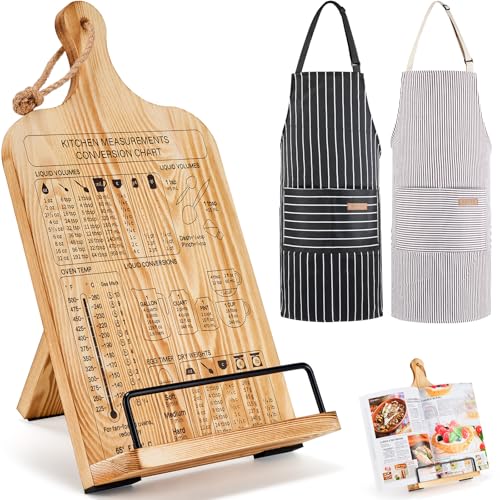 Housejoy Wooden Cookbook Stand for Kitchen with 2 Aprons&Conversion Chart