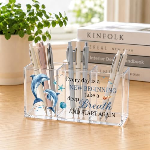 Every Day Is a New Beginning Dolphin Acrylic Pen Cup 3 Compartments - color: Transparent047