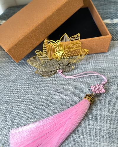 Lotus Bookmark Metal for Women Reading with Pink Tassels Chinese Book Mark - color: Pink