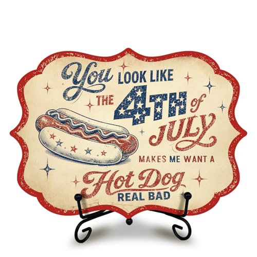 Fourth of July Wooden Sign with Metal Stand, Patriotic Hot Dog Station Decor for BBQ Party, Food Truck, Restaurant Counter, Independence Day 5 x 7 Inch Tabletop Display - A08 - color: DLR A08