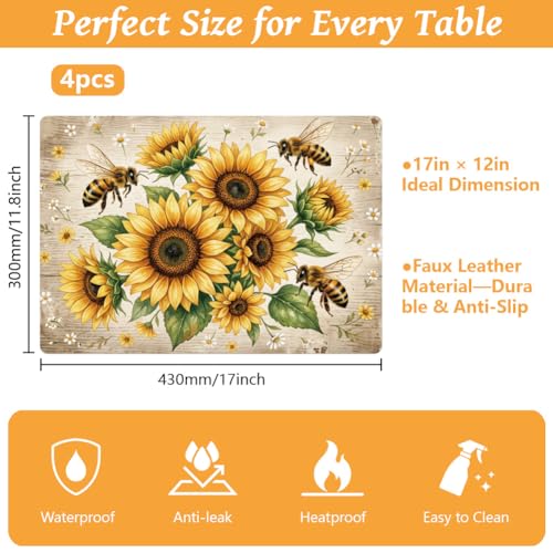 Peacoblue Placemats Set of 4,Faux Leather Sunflower and Bee Design - style: Sunflower and Bee